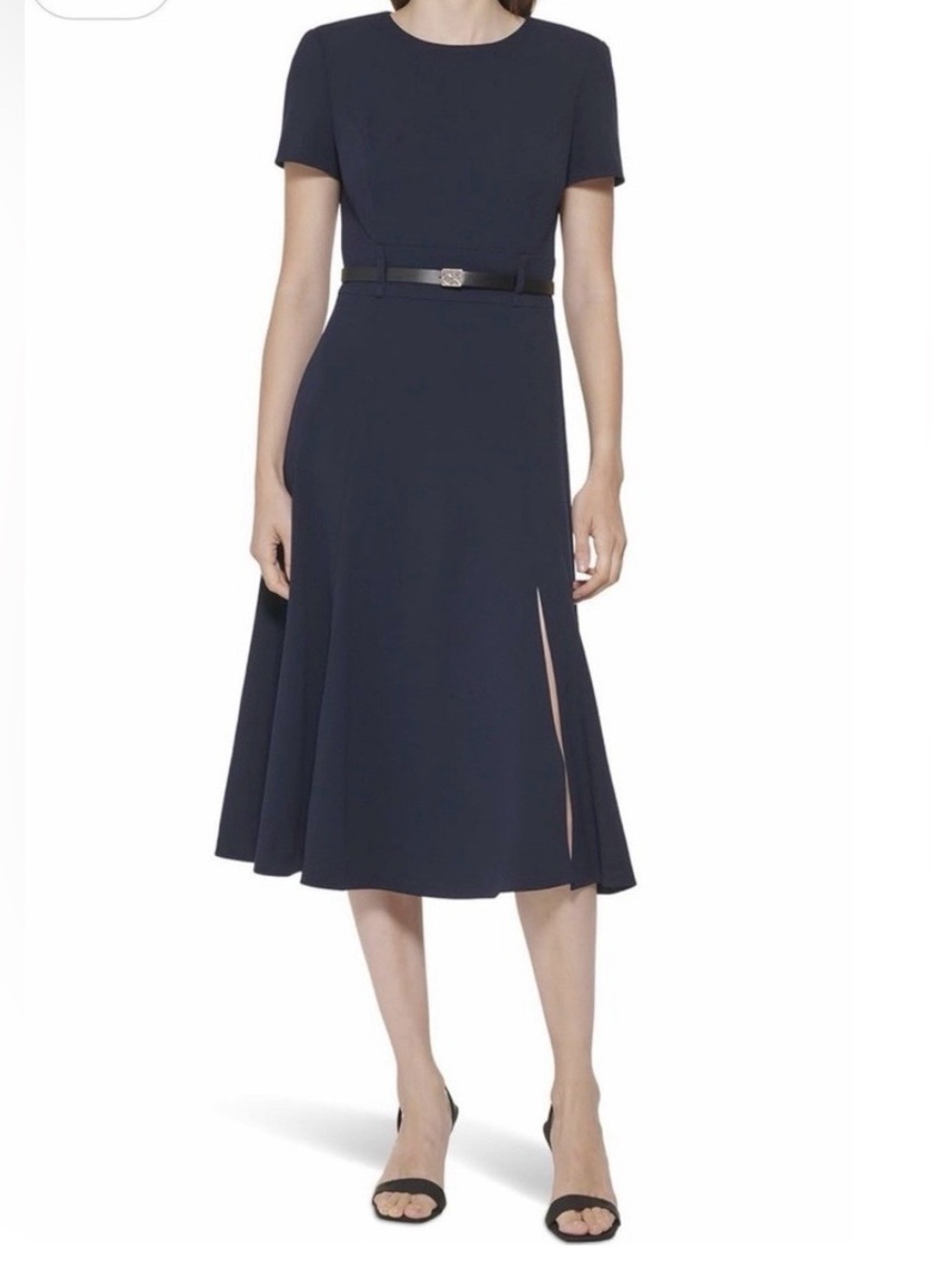 Calvin Klein Navy Blue Fit-and-Flare Midi Dress with Belt
